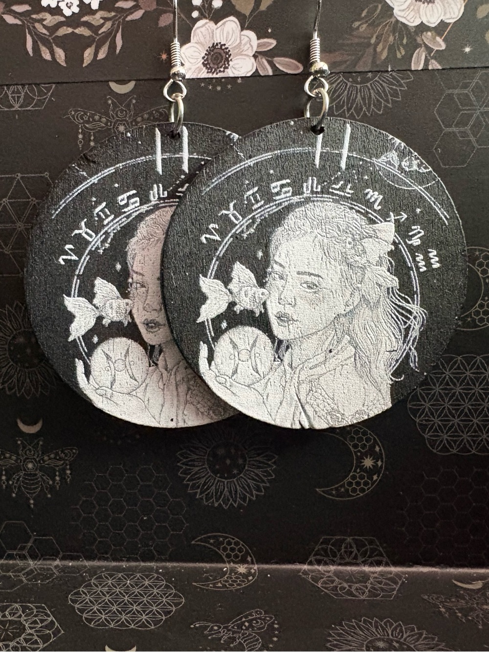 Black and White Illustrated Round Dangle Earrings FREE w/purchase